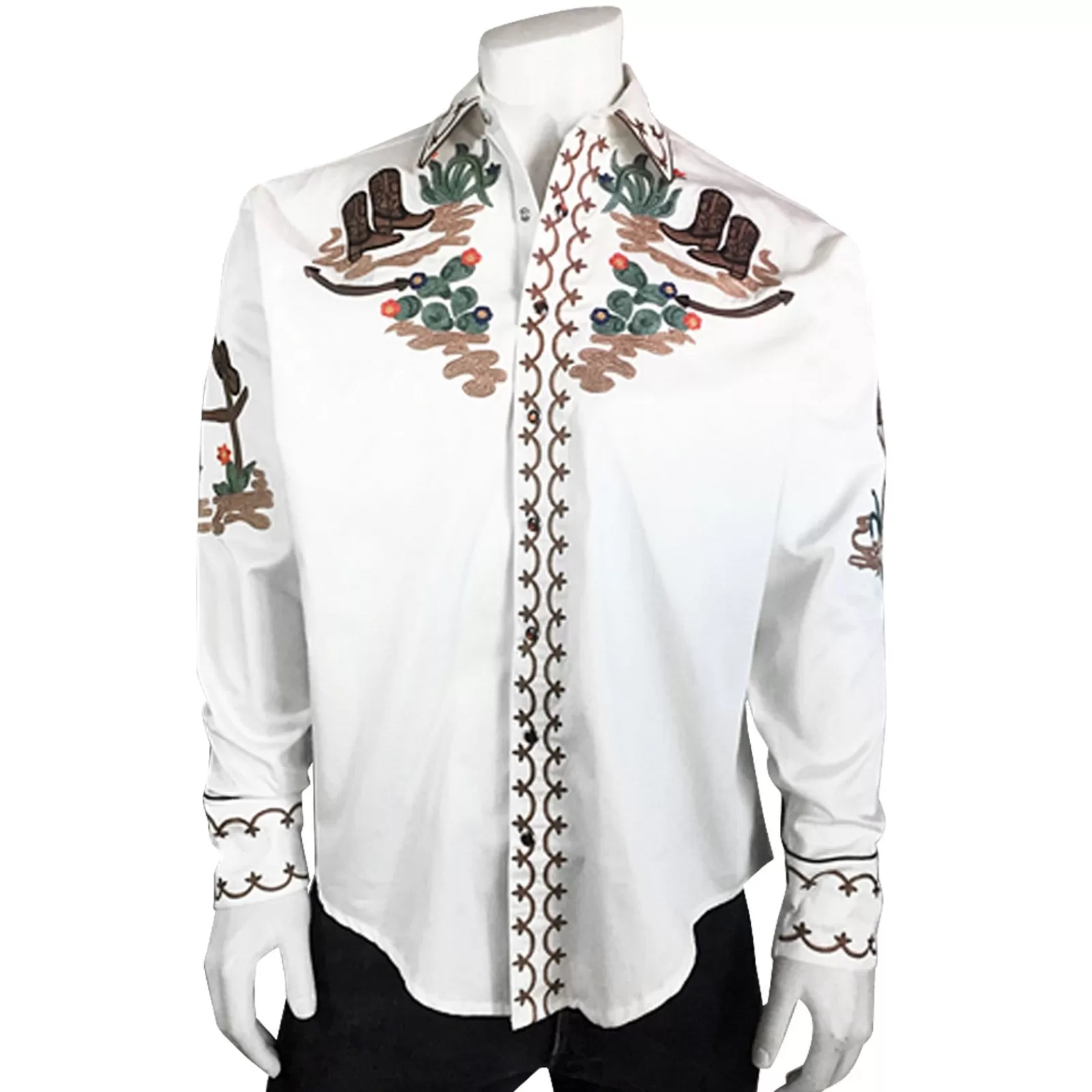 Rockmount Men'S Cactus & Cowboy Boots Embroidered Western Shirt In Ivory Fashion