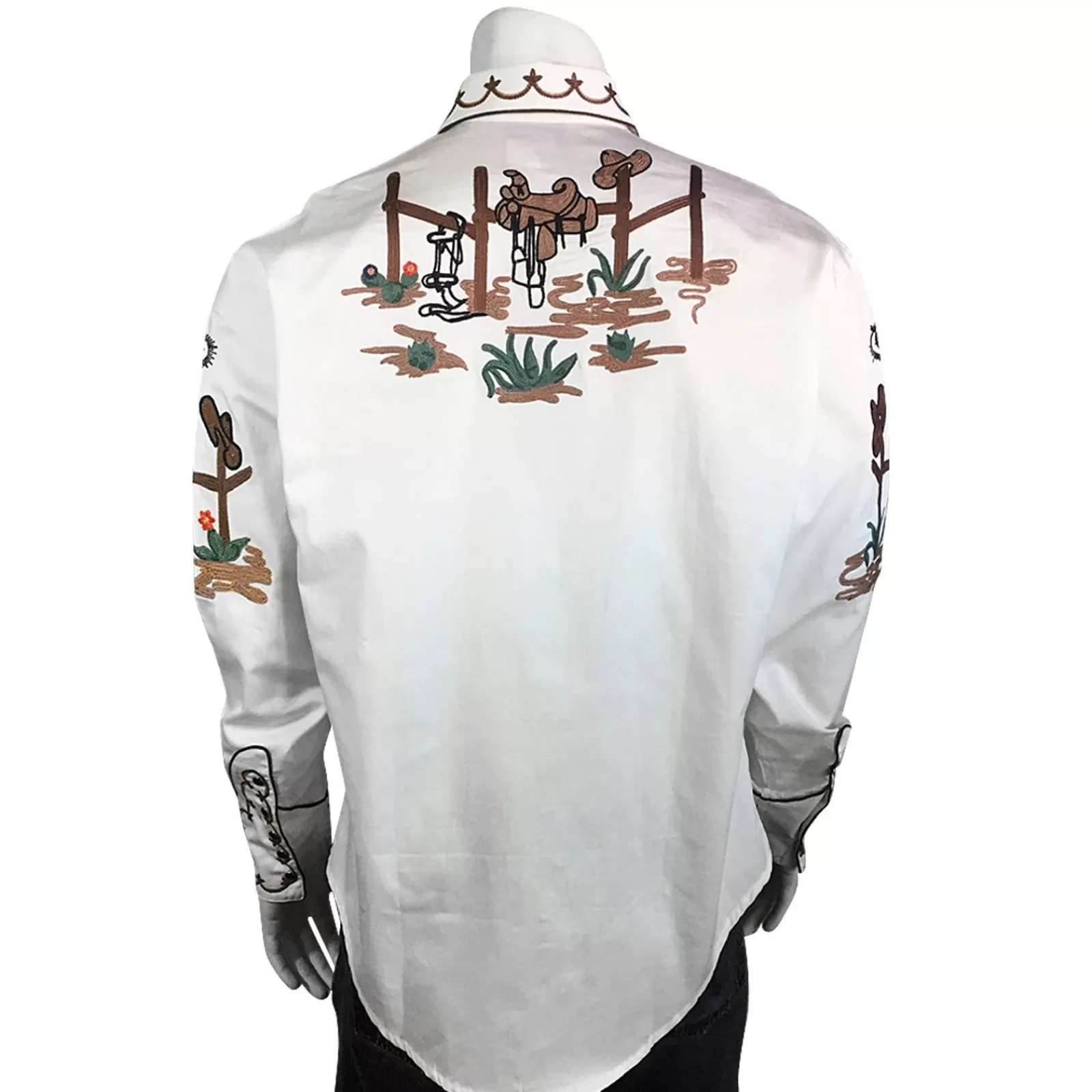 Rockmount Men'S Cactus & Cowboy Boots Embroidered Western Shirt In Ivory Fashion