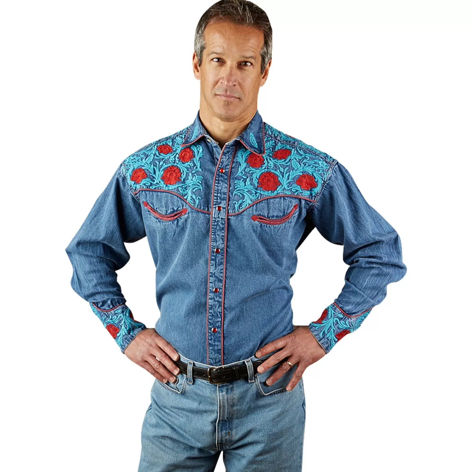 Rockmount Men'S Denim Vintage Western Shirt With Red Floral & Turquoise Embroidery Sale