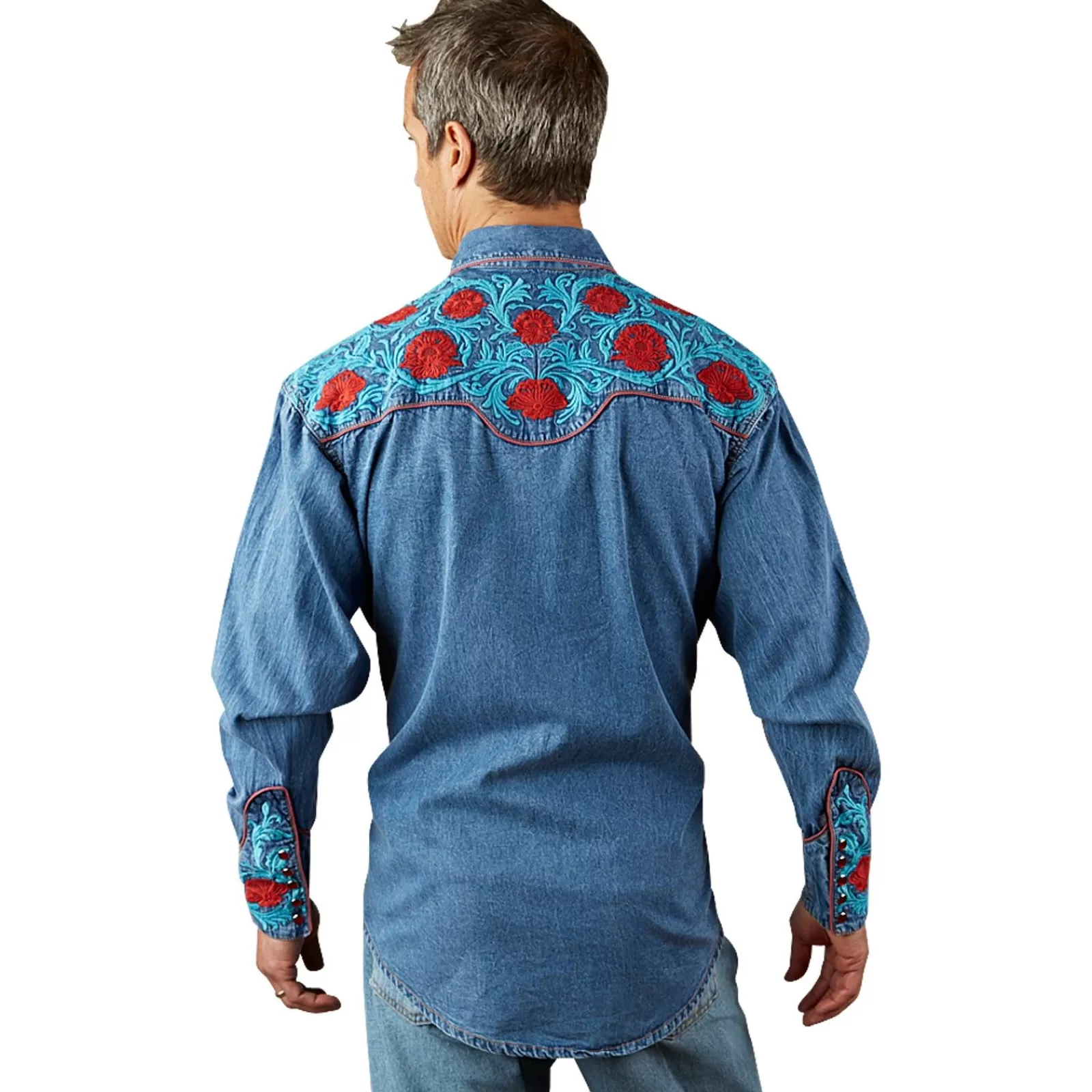 Rockmount Men'S Denim Vintage Western Shirt With Red Floral & Turquoise Embroidery Sale